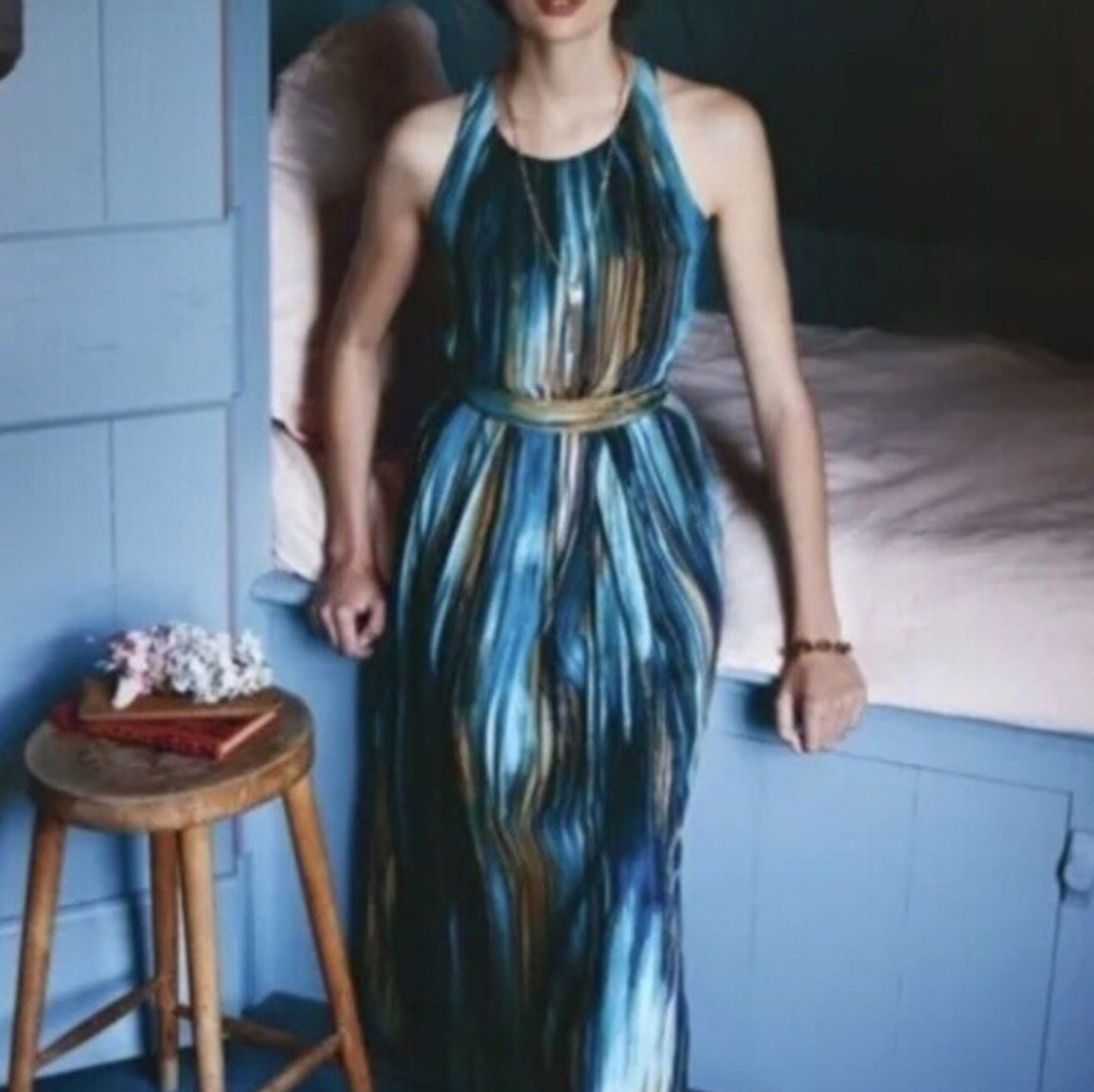 ANTHROPOLOGIE Paper Crown Blue Pleated Halter Maxi Dress